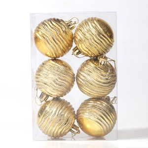 Set of 6 gold glitter Christmas balls with wave texture for holiday tree decoration