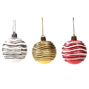 Three assorted 6cm corrugated Christmas balls in red, gold, and silver for tree decoration