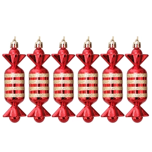 Detailed set of six red electroplated candy ornaments with golden glitter stripes