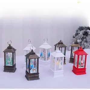 Close-up of decorative Christmas lanterns with festive reindeer and Santa patterns