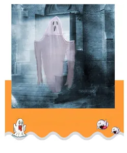 Detail of translucent white Halloween ghost hanging decoration with cut-out facial expression