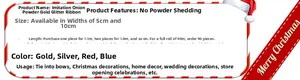 Detailed chart for 5cm and 10cm Christmas glitter ribbons in gold silver red and blue