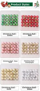 Detail of 24-piece Christmas ball set with matte, glossy, and glitter finishes in a clear box