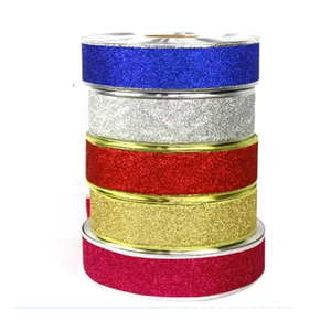 5-pack of 5cm glitter ribbons in blue, silver, red, gold, and pink for Christmas decor