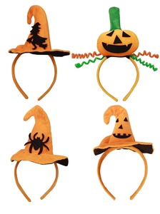 Detail view of 4-pack Halloween headbands featuring pumpkin and wizard hat designs