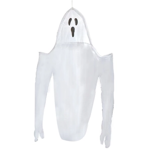 Hanging white ghost Halloween decoration with black facial expression and thin top rope