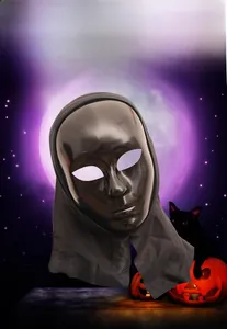 Glossy black full face Halloween mask with fabric hood on spooky festive background