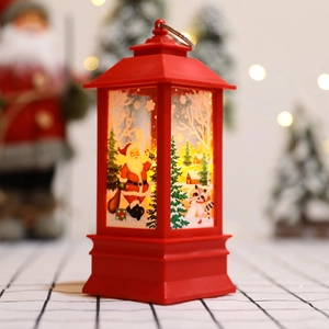Red Christmas lantern decoration with Santa Claus illustration and warm LED light effect