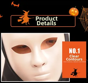 Close-up of white Halloween full face mask with black fabric hood and detailed contours