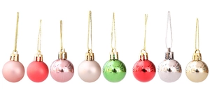 Detail of 8 assorted matte and glossy 3cm Christmas ornaments with hanging strings