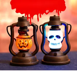 Close-up of LED Halloween lantern decorations featuring pumpkin and skull designs