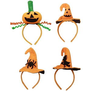 Set of four Halloween headbands featuring pumpkins and wizard hats for party celebration