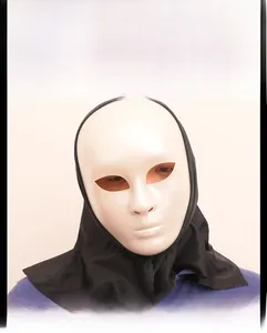 Detailed view of the white matte Halloween mask featuring an integrated black fabric hood