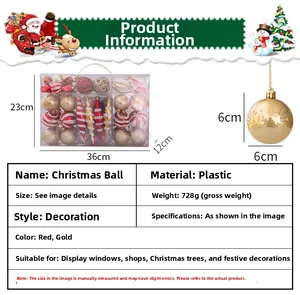 Detail view of red and gold Christmas balls set with dimensions and material specs