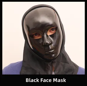 Close-up of a glossy black full face mask with integrated fabric hood for Halloween party