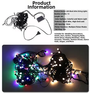 Details von 8m LED Lichterkette mit 72 warmweißen und bunten LEDs auf schwarzem Draht