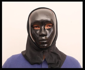 Front view of a glossy black full face party mask with attached fabric head cover