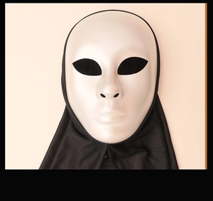 Front detail view of white matte full face mask with black polyester hooded fabric for parties