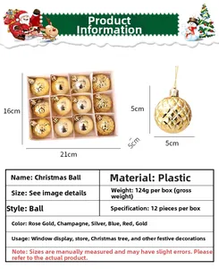 Detailed specifications chart for 5cm plastic Christmas balls set with 12 pieces per box