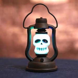 Halloween retro lantern with glowing skull and LED light for spooky home decor