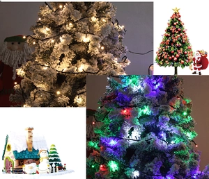 Detailed views of warm white and multicolor LED fairy lights on Christmas trees and models