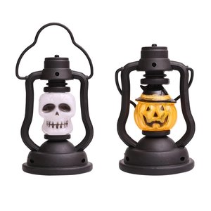 Halloween vintage lanterns with skull and pumpkin wizard hat designs for festive tabletop decor