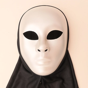 White full-face minimalist party mask with black fabric hood and large eye cutouts