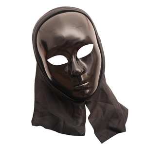Glossy black full face mask with lightweight fabric hood for Halloween parties