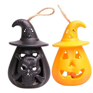 Halloween pumpkin and skull lanterns with wizard hats for garden hanging decoration