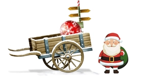 Close-up of Christmas decorative elements including a red bauble and Santa with a gift bag