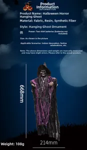 Detailed size and specs for 668mm Halloween hanging witch with purple cloak and resin head