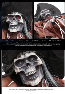Macro shot of Halloween skeleton witch with glowing eyes and realistic teeth details