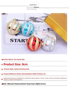 Detail of 8cm spiral Christmas balls with glitter and plating finish on plush surface