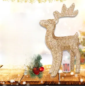 Close-up of a 40cm lighted gold iron Christmas deer with glitter finish and battery box
