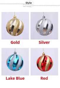 Detail of 8cm spiral Christmas balls in gold, silver, blue, and red with glitter finish