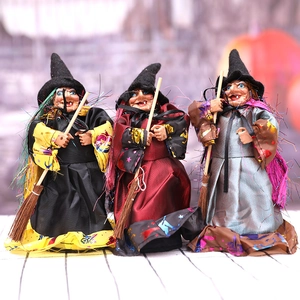 Halloween Witch Doll Decoration Cloth Resin Horror Props With Broom Witch Figurine Ornaments For Halloween Party Home Decor