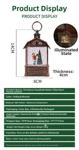 Detail view of water-filled bronze barn lantern with Santa inside and light display