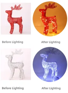Detail view of unlit and lit iron Christmas deer with warm LED fairy lights