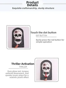 Detailed view of Halloween doorbell with glowing eyes and pop-out mechanical tongue