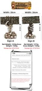 Detailed Halloween skull hand street sign dimensions and resin material specifications