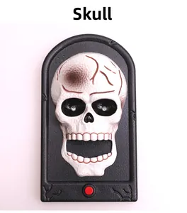 Detailed macro view of ivory skull doorbell with red button for Halloween party decor