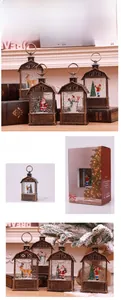 Close-up of vintage bronze Christmas lantern with Santa figurines and swirling glitter
