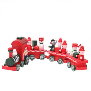 Miniature four-section red wooden Christmas train set with festive cartoon characters