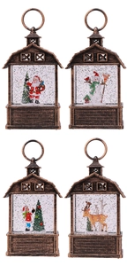 Set of 4 vintage bronze Christmas lanterns featuring Santa, snowman and reindeer scenes