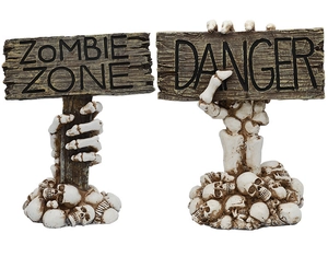 Detail of Halloween resin spooky hand signs featuring Zombie Zone and Danger text