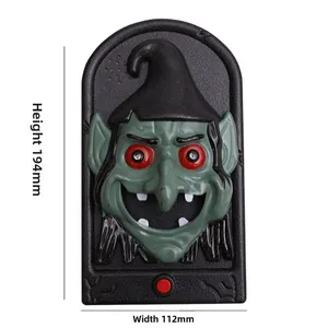 Detail view of electric Halloween doorbell with green witch face and size dimensions
