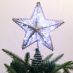 Silver iron wire Christmas tree topper star with cool white LED lights and green base