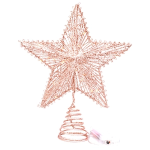 Rose gold iron wire Christmas tree topper star with LED lights and glitter finish