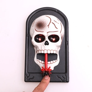 Skull doorbell Halloween decoration with LED red eyes and interactive tongue lever