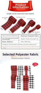 Size chart showing width dimensions for red and black plaid Christmas ribbons in polyester